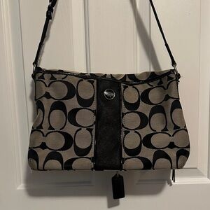 Large Coach Signature Black and Tan Foldover Shoulder Bag